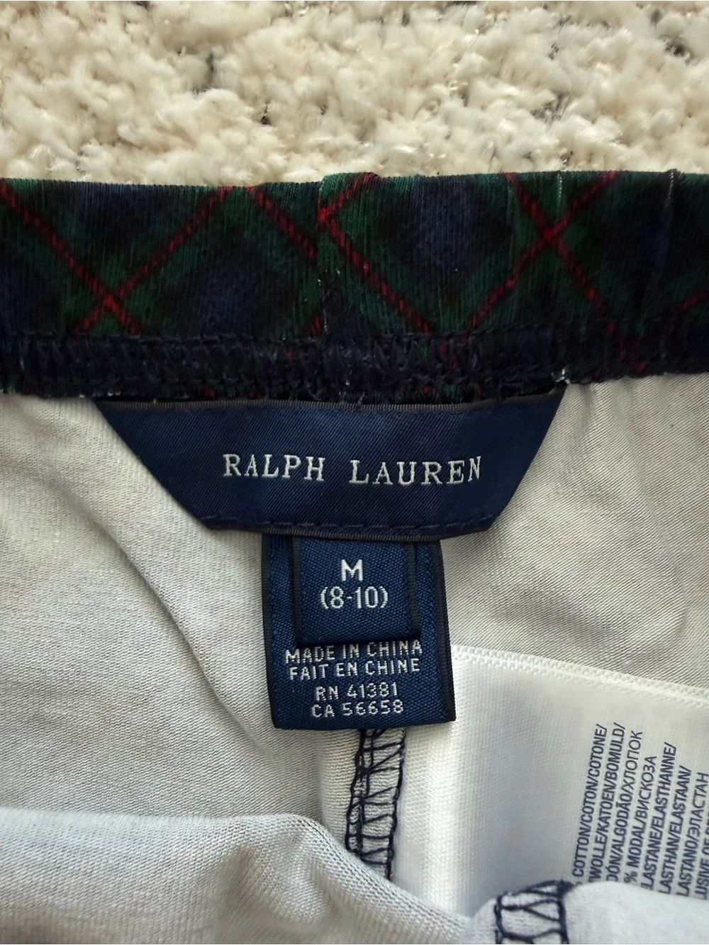 NWT Ralph Lauren Girls Leggings Plaid Navy Green Velvet Trim Size M 8-10 8 10